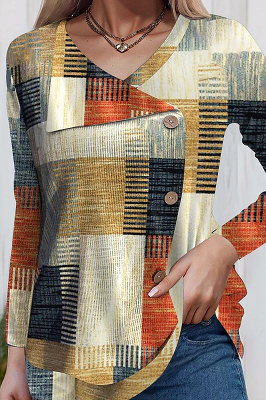 WOMEN BUTTON DETAILED PATCHWORK PRINTING TOP