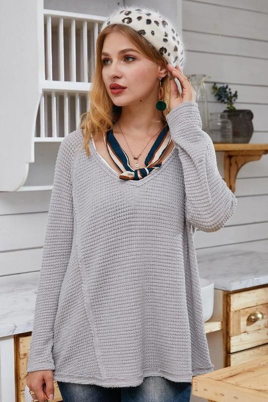 V NECK WAFFLE KNIT LONG SLEEVE TOP - Doublju