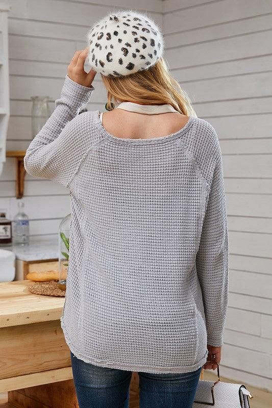 V NECK WAFFLE KNIT LONG SLEEVE TOP - Doublju