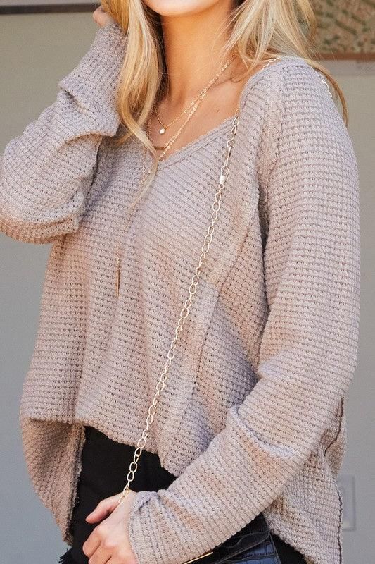 V NECK WAFFLE KNIT LONG SLEEVE TOP - Doublju