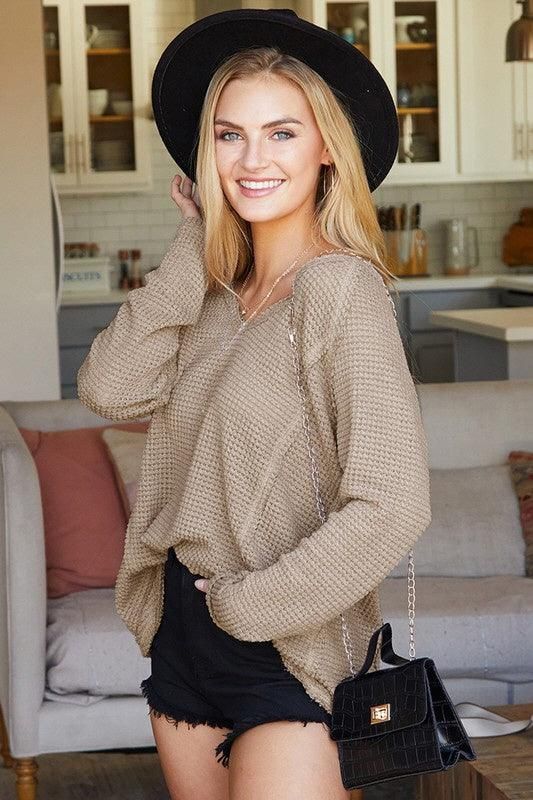 V NECK WAFFLE KNIT LONG SLEEVE TOP - Doublju