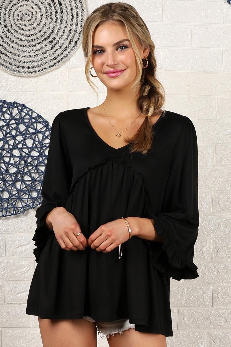 V- NECK WITH MINI RUFFLE DETAILED FLARE TOP - Doublju