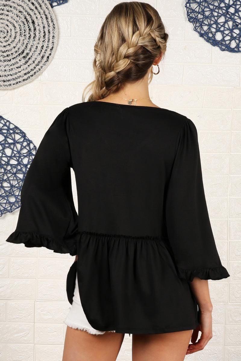 V- NECK WITH MINI RUFFLE DETAILED FLARE TOP - Doublju