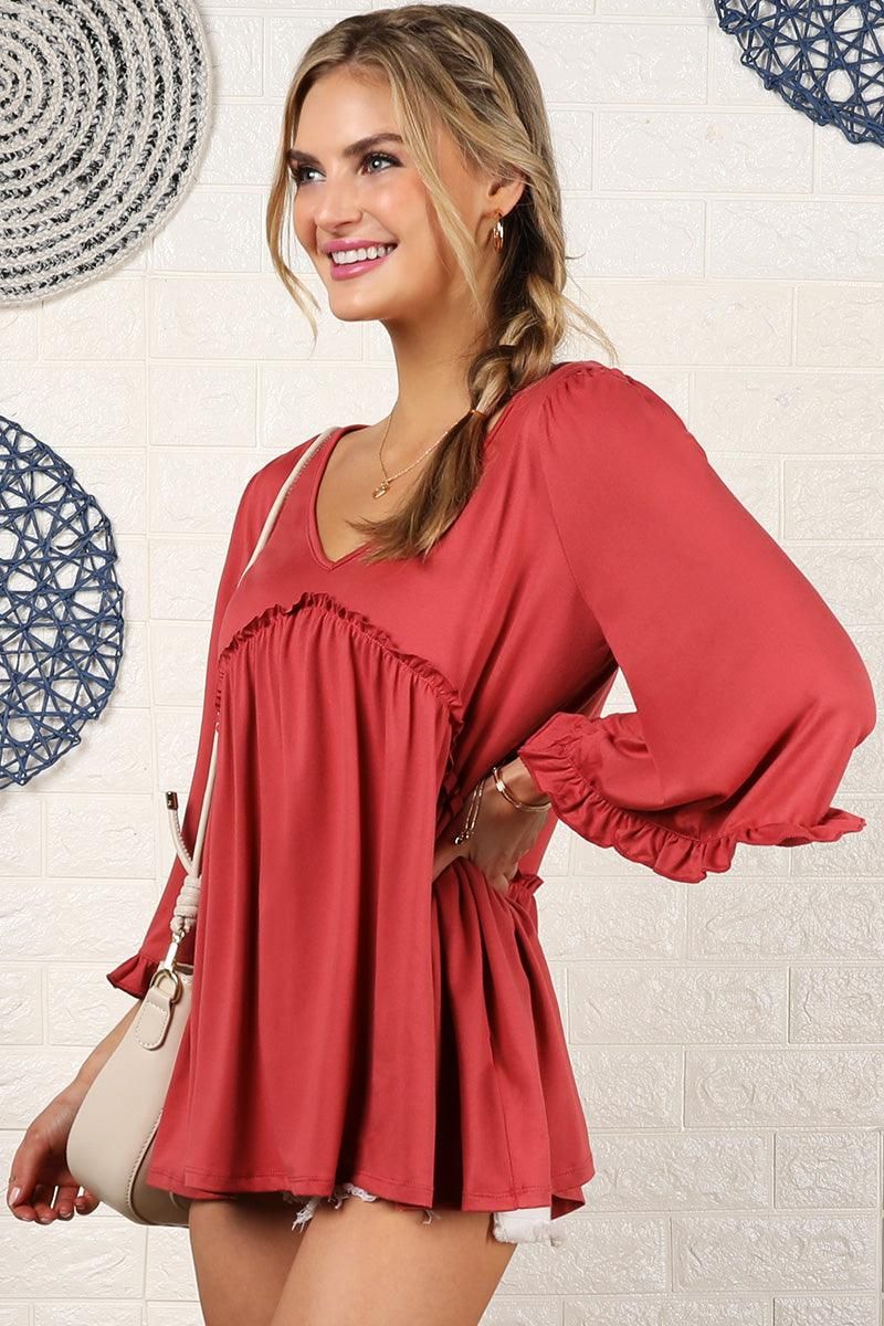V- NECK WITH MINI RUFFLE DETAILED FLARE TOP - Doublju