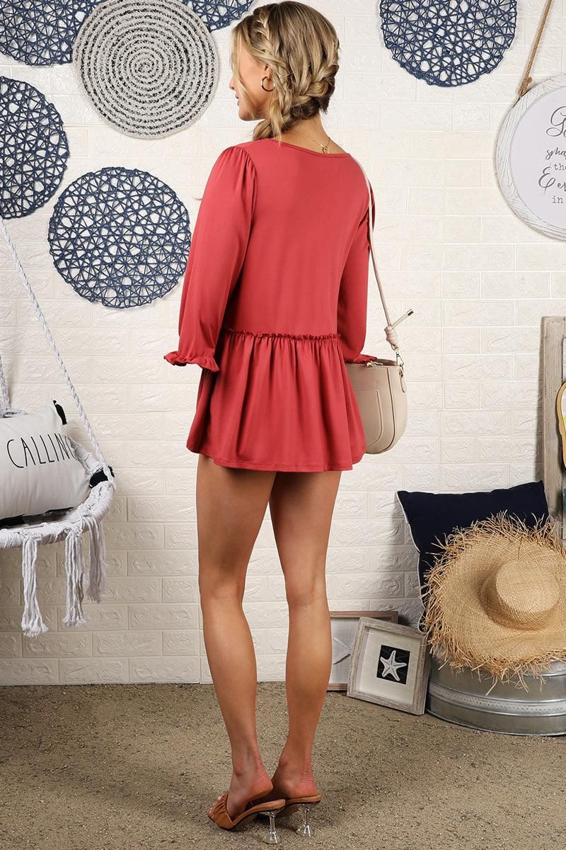 V- NECK WITH MINI RUFFLE DETAILED FLARE TOP - Doublju