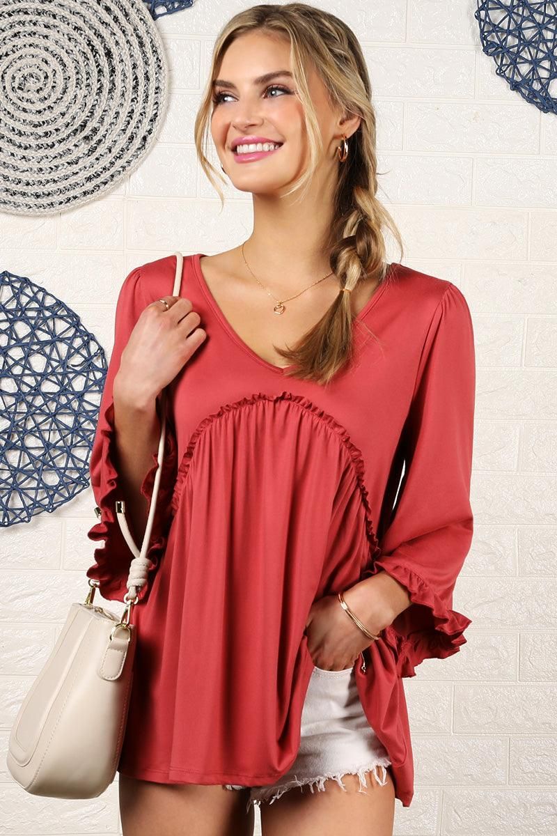 V- NECK WITH MINI RUFFLE DETAILED FLARE TOP - Doublju