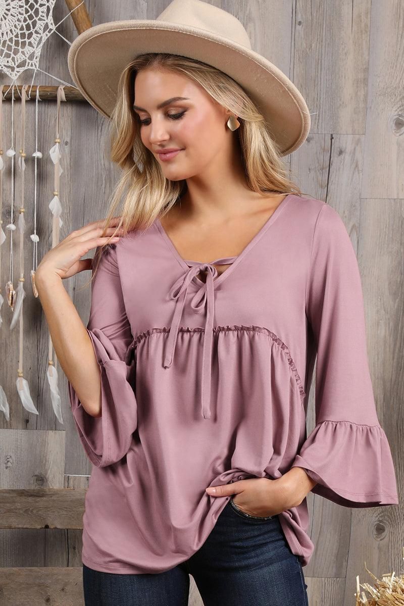3/4 SLEEVE WITH NECK STRING DETAILED TOP - Doublju
