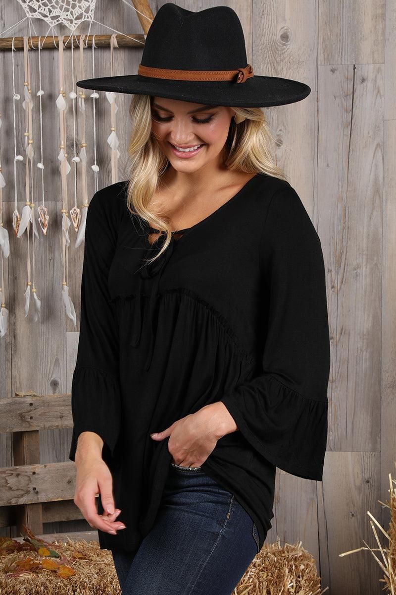 3/4 SLEEVE WITH NECK STRING DETAILED TOP - Doublju