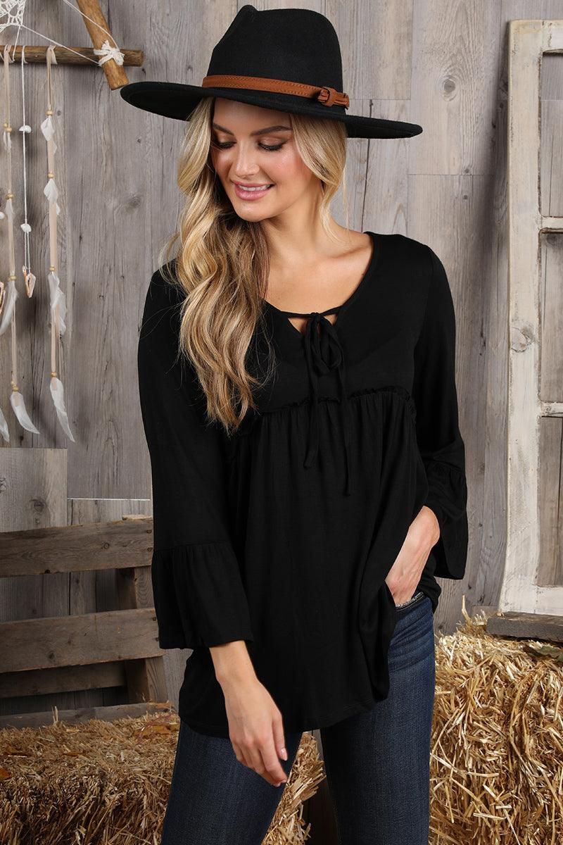 3/4 SLEEVE WITH NECK STRING DETAILED TOP - Doublju