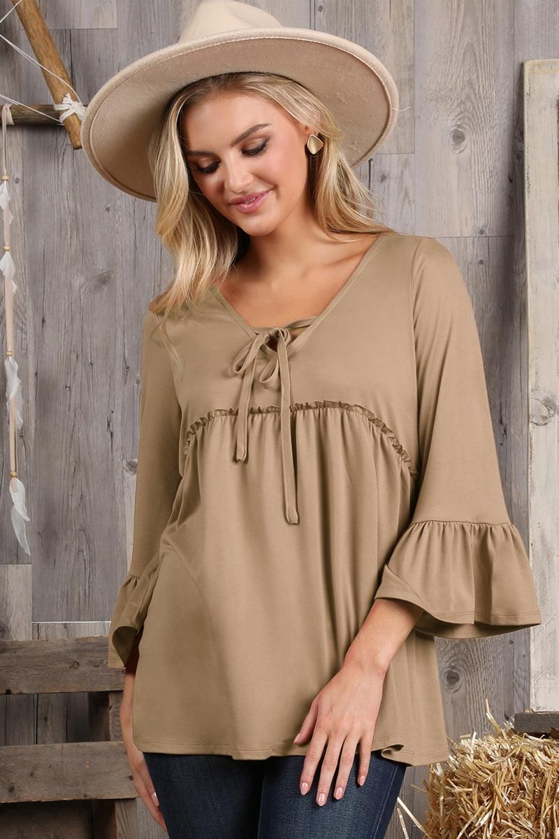 3/4 SLEEVE WITH NECK STRING DETAILED TOP - Doublju
