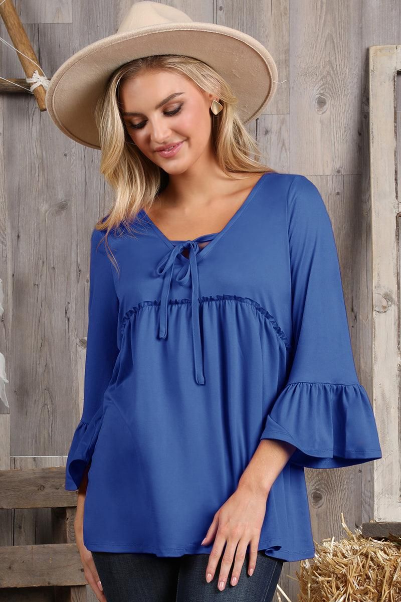 3/4 SLEEVE WITH NECK STRING DETAILED TOP - Doublju