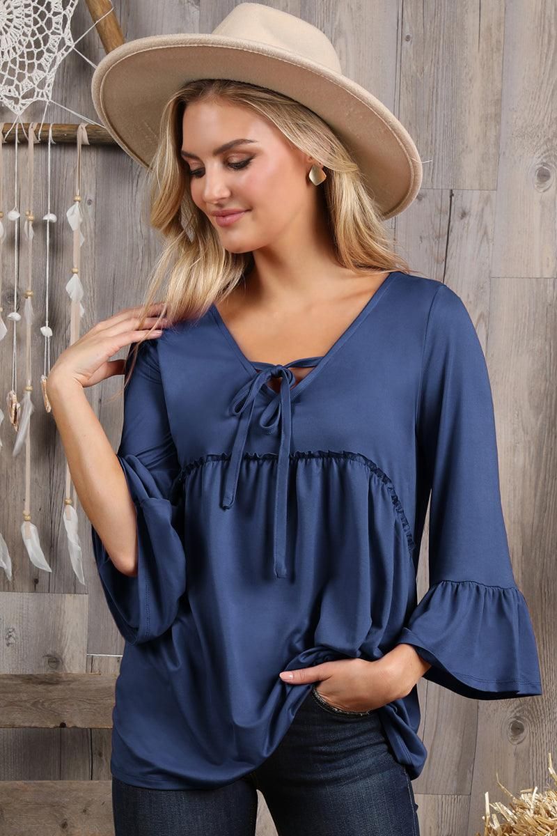 3/4 SLEEVE WITH NECK STRING DETAILED TOP - Doublju