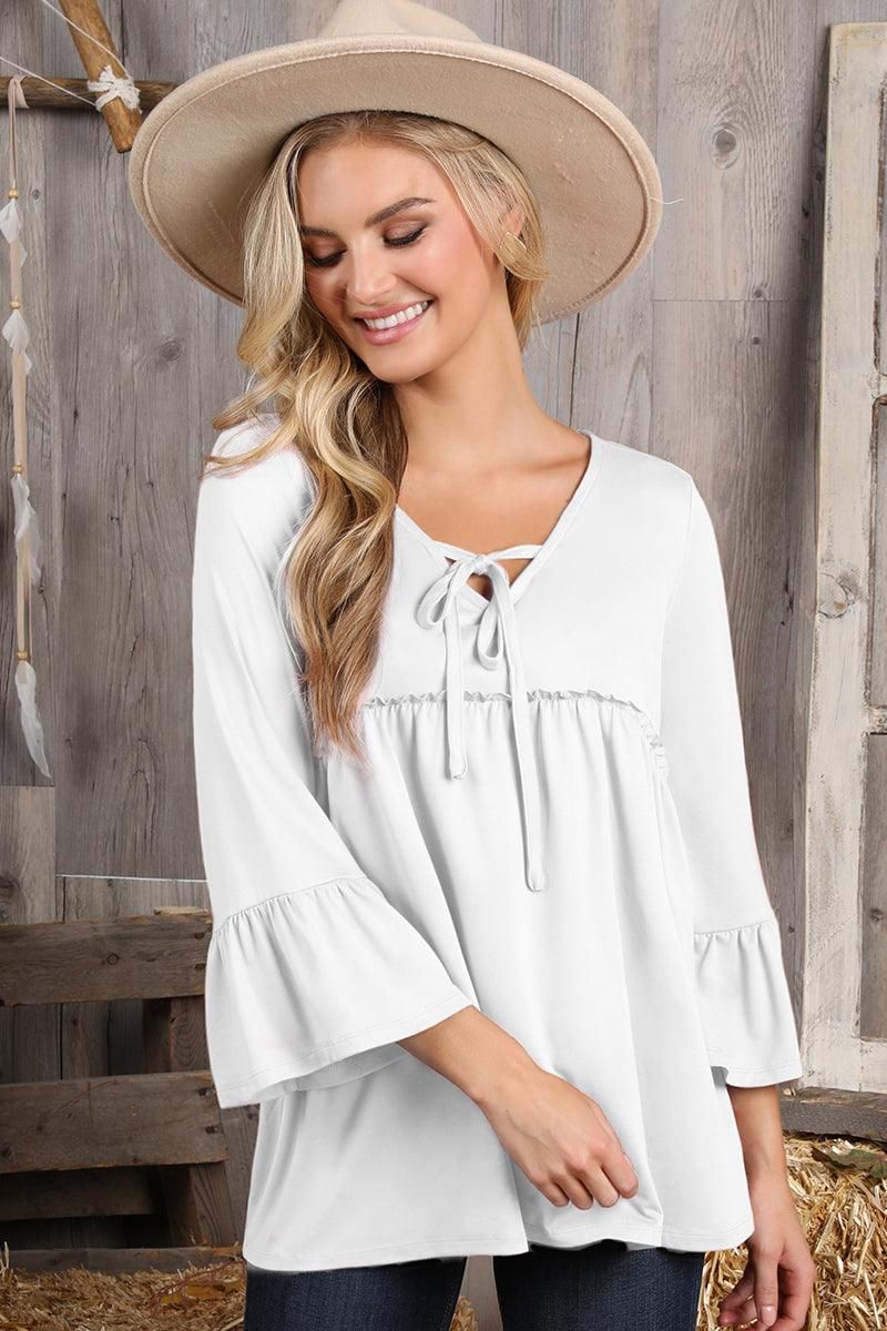 3/4 SLEEVE WITH NECK STRING DETAILED TOP - Doublju