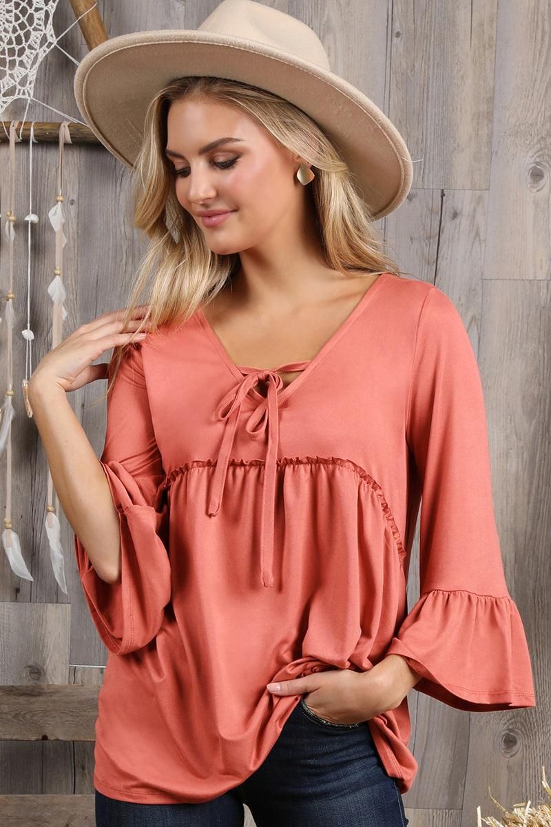 3/4 SLEEVE WITH NECK STRING DETAILED TOP - Doublju