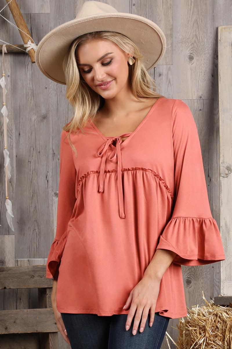 3/4 SLEEVE WITH NECK STRING DETAILED TOP - Doublju