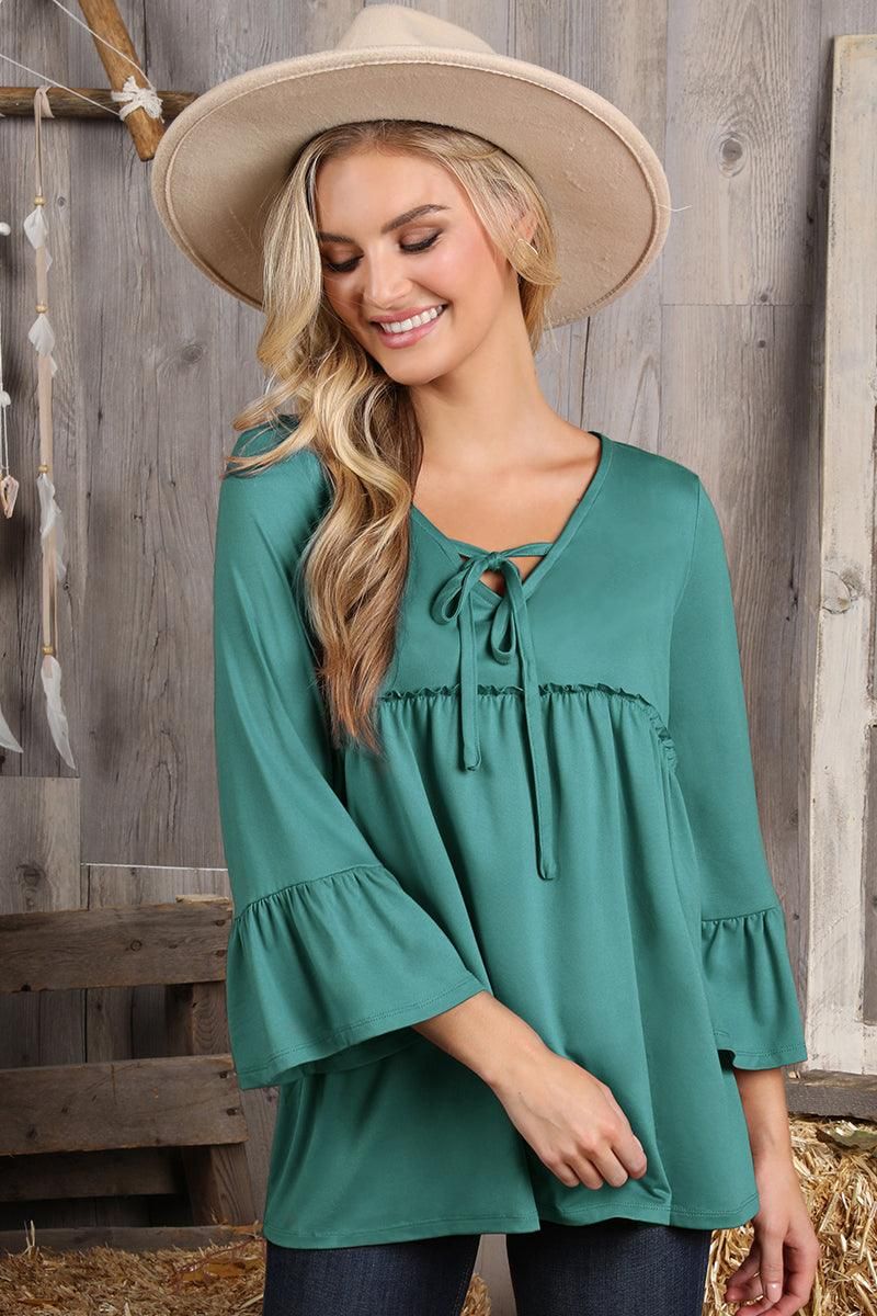 3/4 SLEEVE WITH NECK STRING DETAILED TOP - Doublju