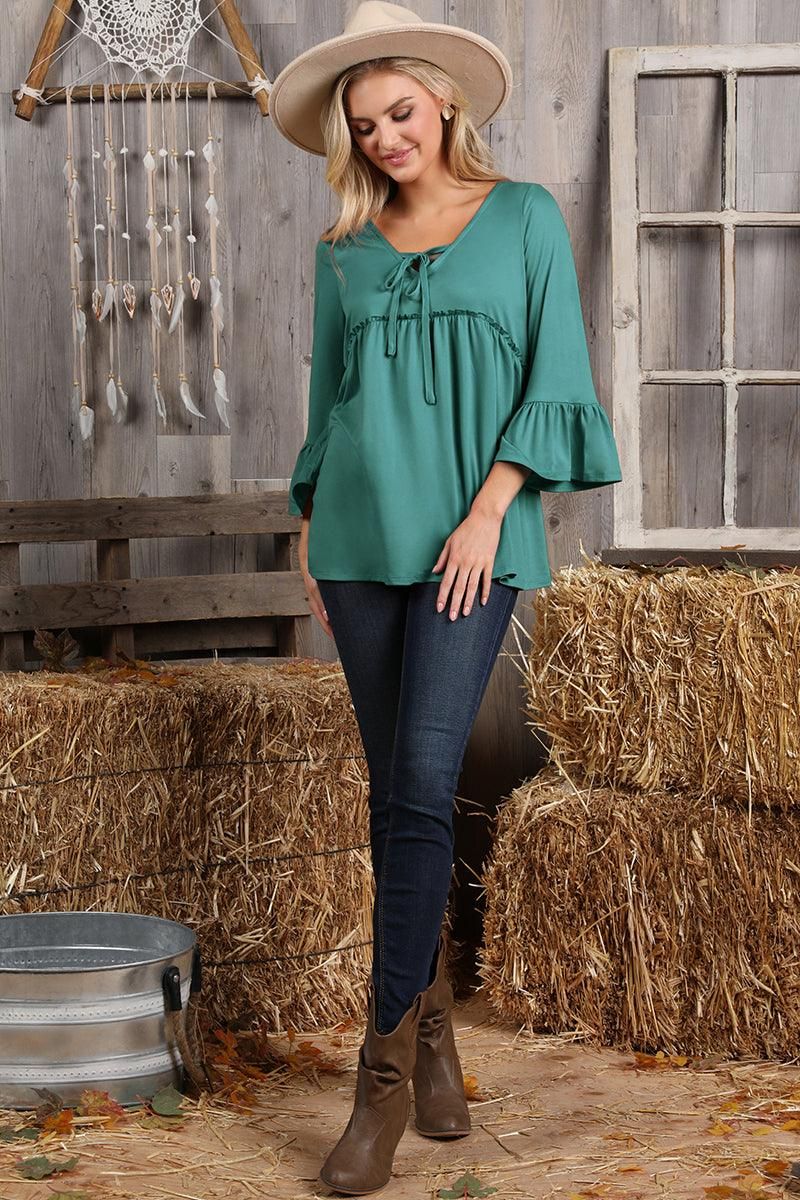 3/4 SLEEVE WITH NECK STRING DETAILED TOP - Doublju