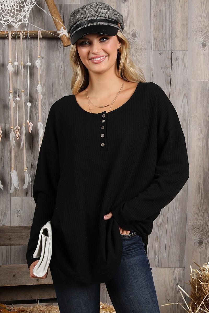 BUTTON PLACKET DETAILED LONG SLEEVE WAFFLE TOP - Doublju