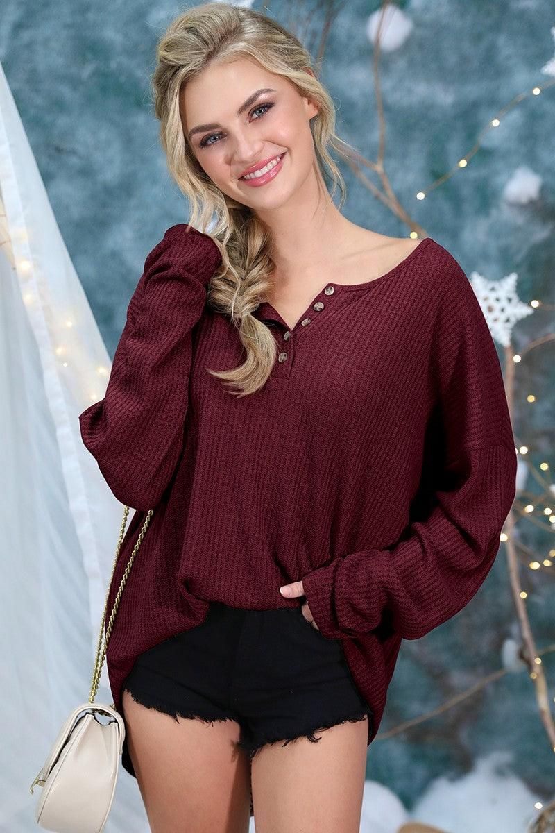 BUTTON PLACKET DETAILED LONG SLEEVE WAFFLE TOP - Doublju