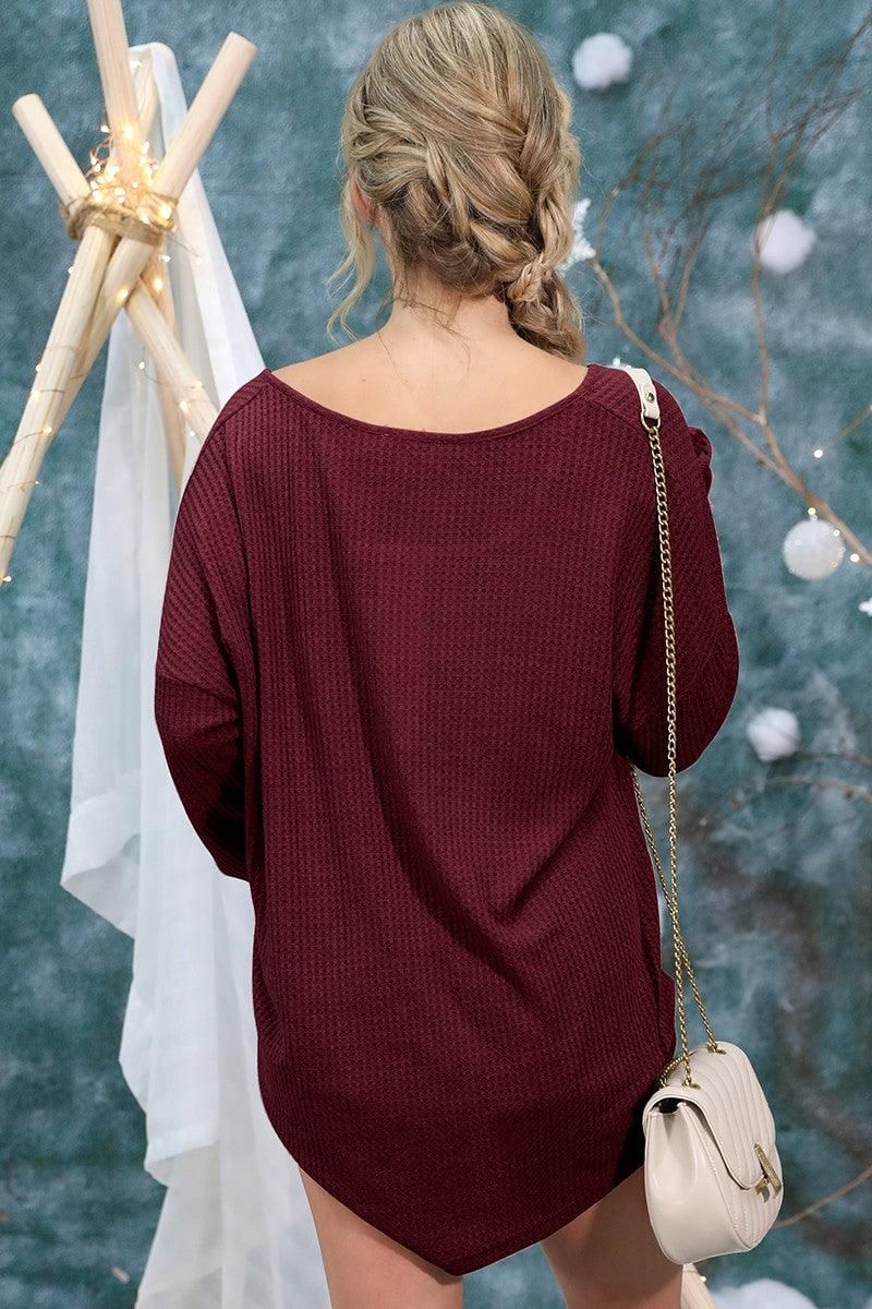 BUTTON PLACKET DETAILED LONG SLEEVE WAFFLE TOP - Doublju