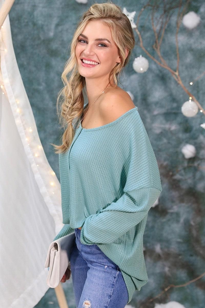 BUTTON PLACKET DETAILED LONG SLEEVE WAFFLE TOP - Doublju