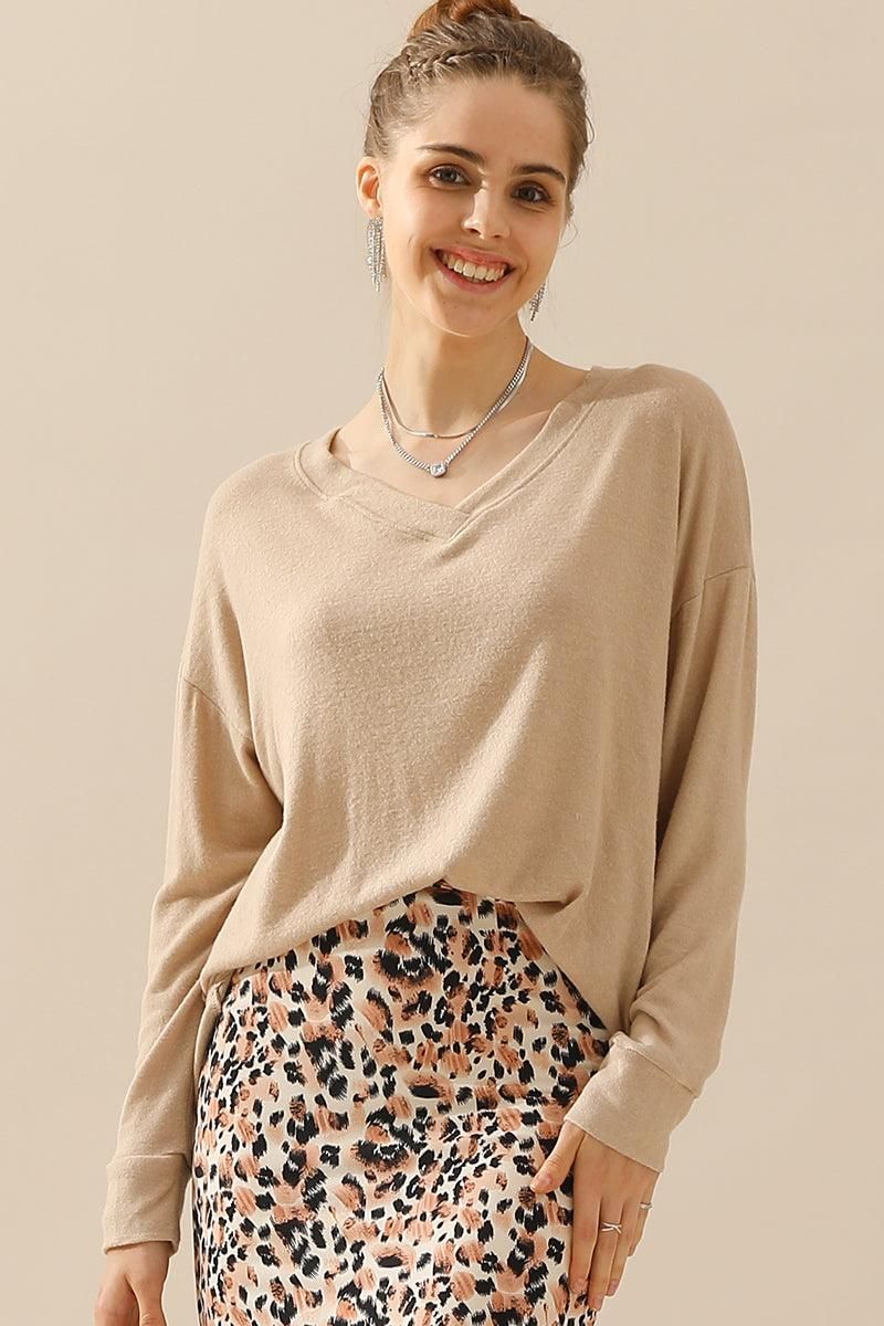 V NECK PULLOVER SWEATER KNIT TOP - Doublju