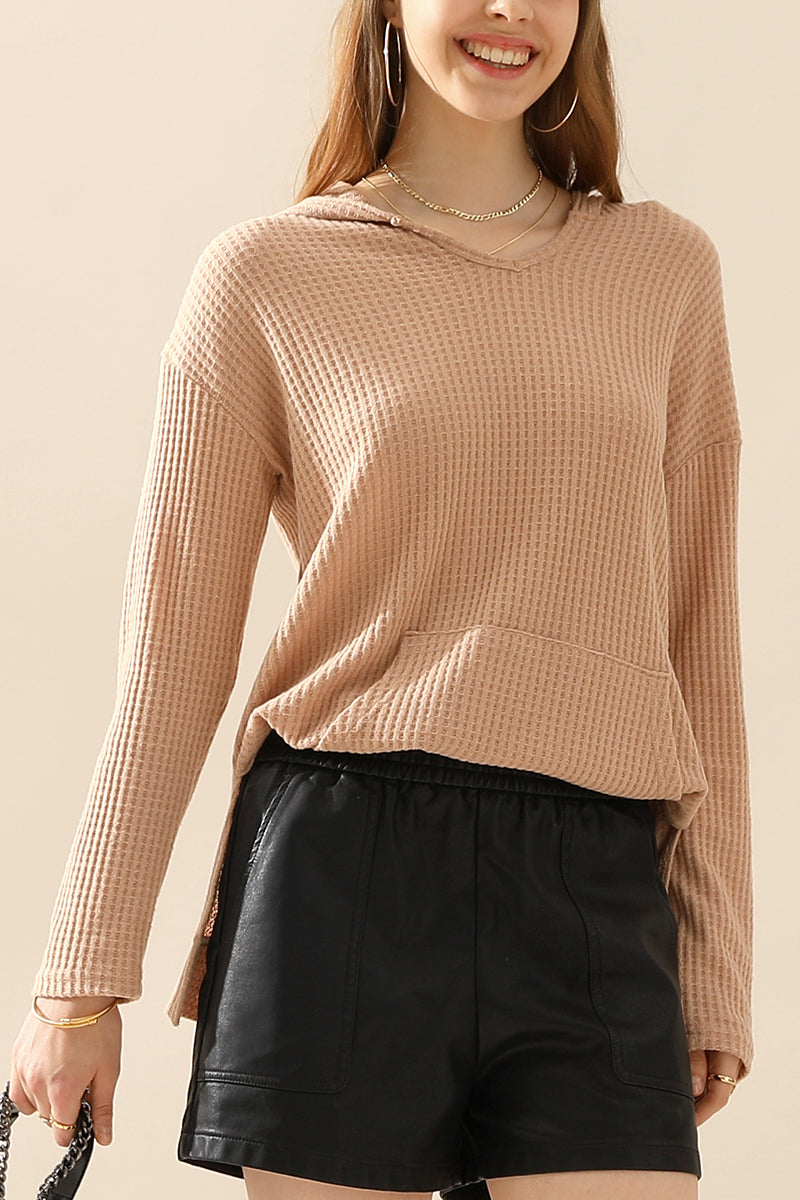 V NECK HOODIE AND POCKET PULLOVER SWEATER KNIT TOP
