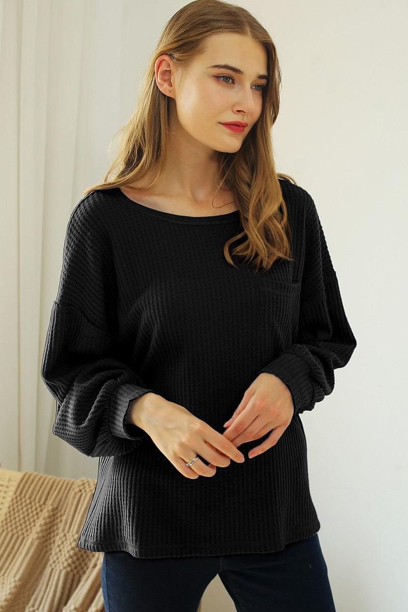 R NECK SHIRING CUFF SWEATER KNIT TOP - Doublju
