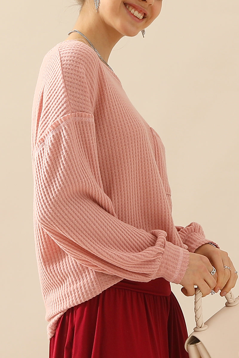 R NECK SHIRING CUFF SWEATER KNIT TOP