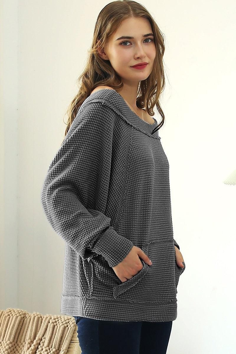 BOAT NECK POCKETED PULLOVER SWEATER KNIT TOP - Doublju