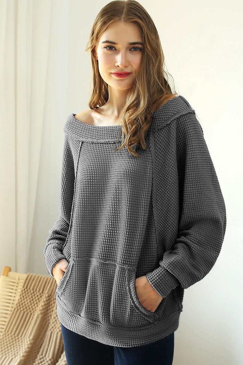 BOAT NECK POCKETED PULLOVER SWEATER KNIT TOP - Doublju
