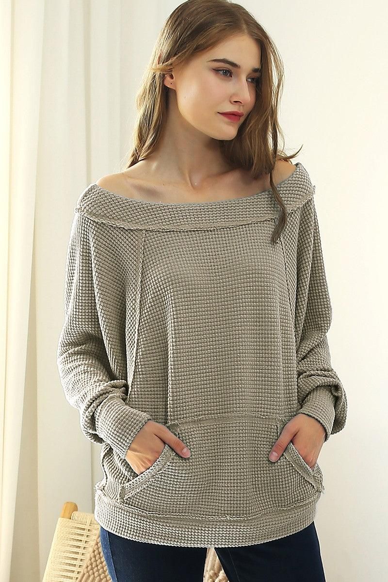 BOAT NECK POCKETED PULLOVER SWEATER KNIT TOP - Doublju