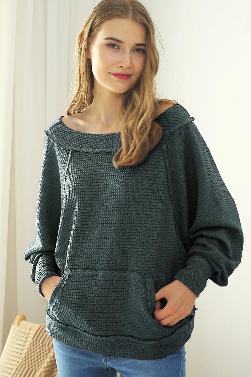 BOAT NECK POCKETED PULLOVER SWEATER KNIT TOP - Doublju