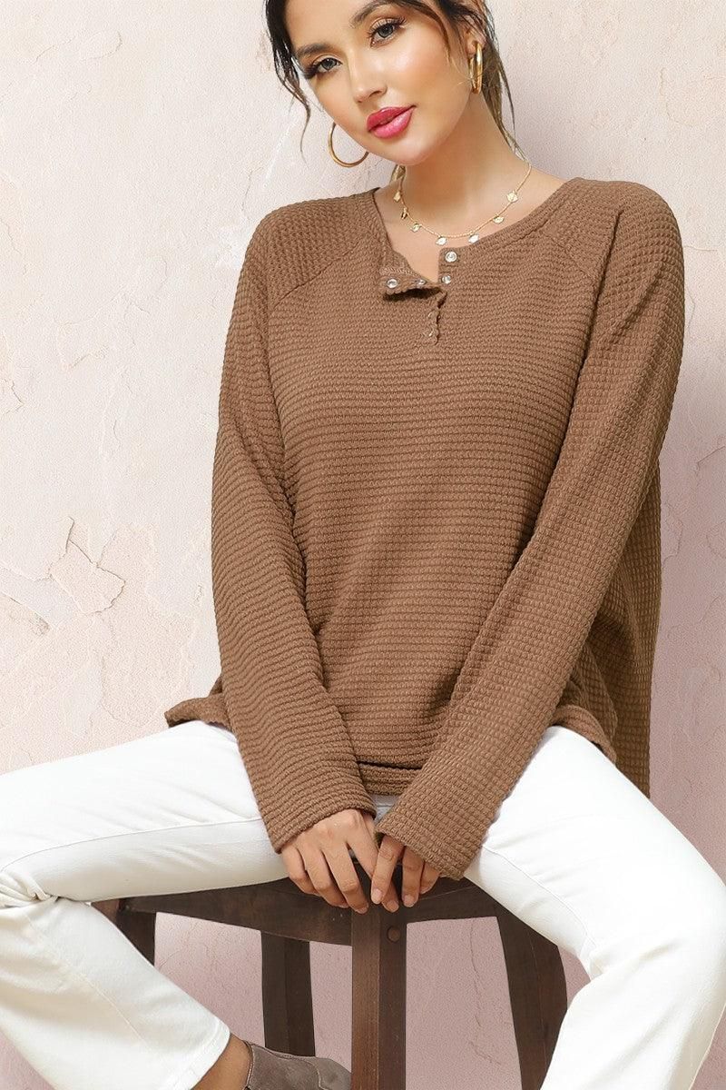 R NECK EYELET DETAILED REGLAN SWEATER KNIT TOP - Doublju