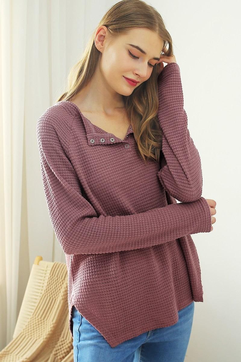 R NECK EYELET DETAILED REGLAN SWEATER KNIT TOP - Doublju