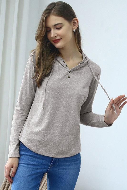 BUTTON DOWN HENLEY LIGHT WEIGHT HOODIE TOP - Doublju