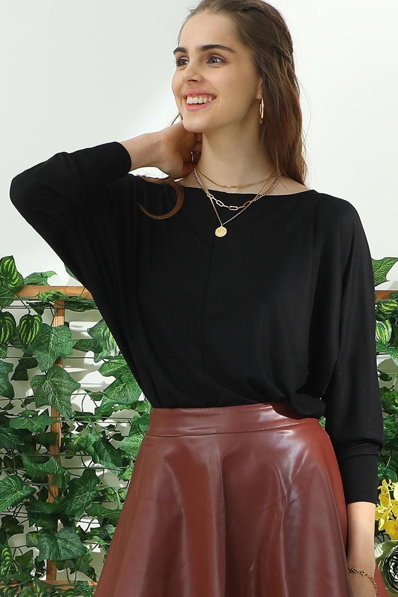 ROUND NECK BATWING SLEEVE TOP - Doublju