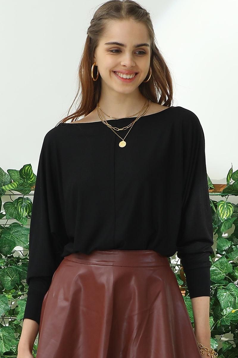 ROUND NECK BATWING SLEEVE TOP - Doublju