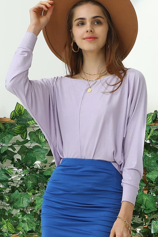 ROUND NECK BATWING SLEEVE TOP - Doublju