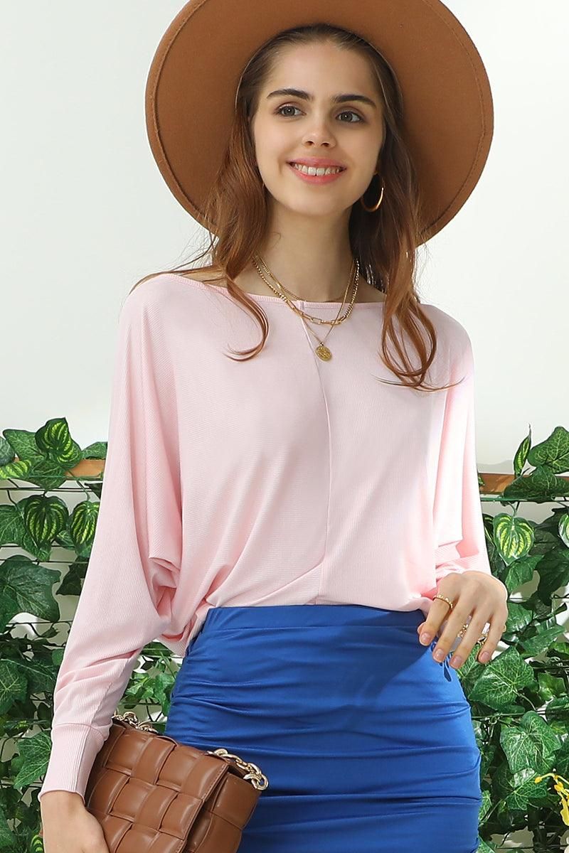 ROUND NECK BATWING SLEEVE TOP - Doublju