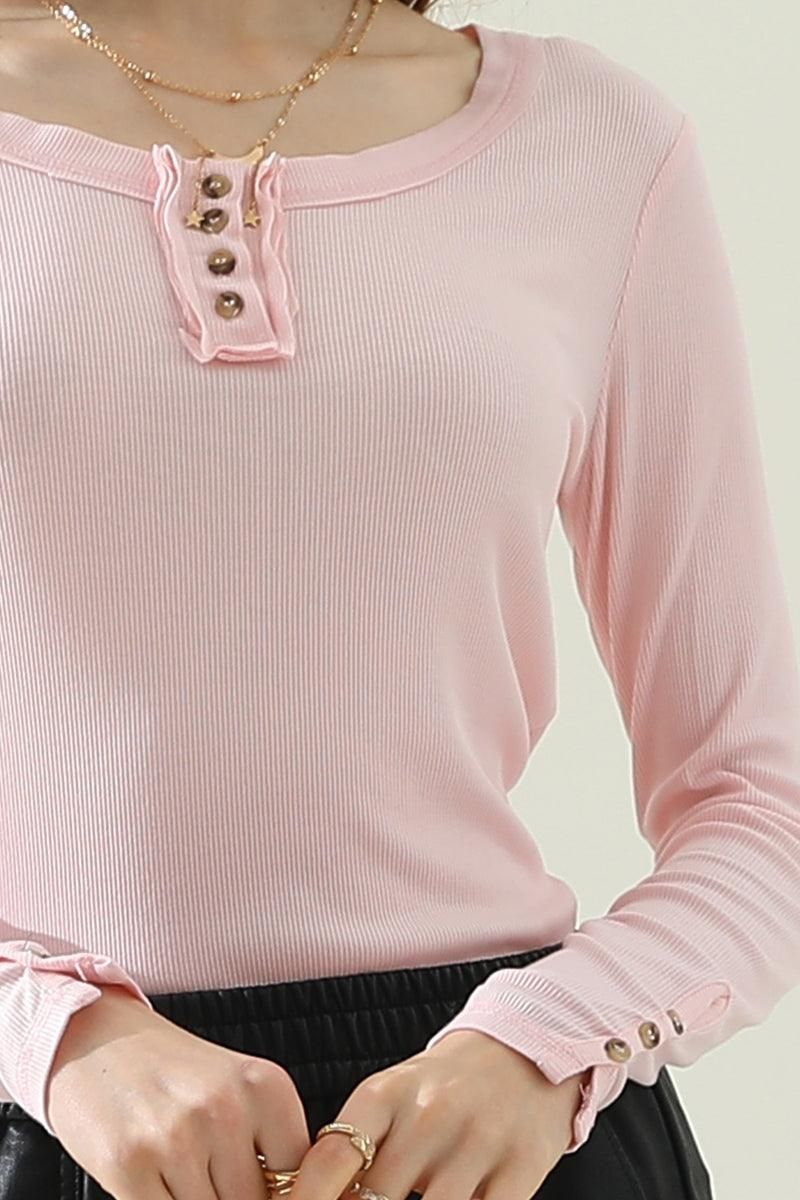 ROUND BUTTON NECK LONG SLEEVE T SHIRT TOP - Doublju