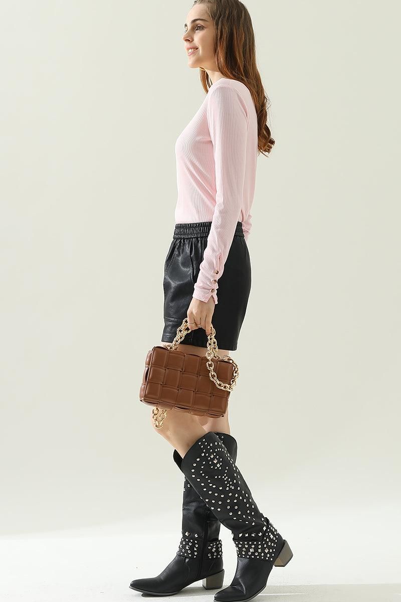 ROUND BUTTON NECK LONG SLEEVE T SHIRT TOP - Doublju