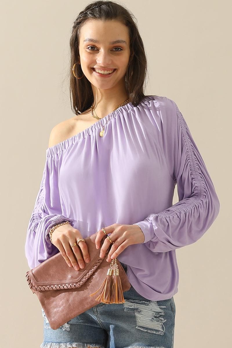 BOAT NECK SHRRING LONG SLEEVE TOP - Doublju
