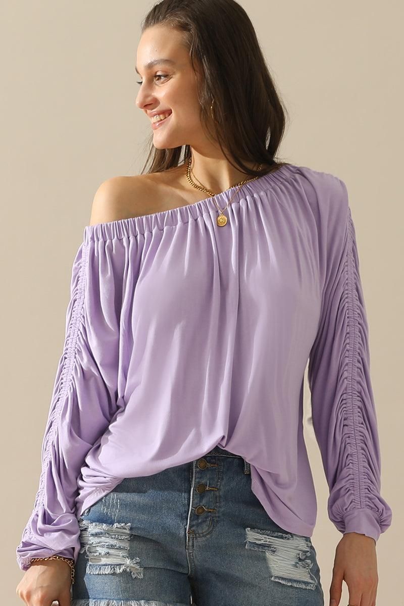 BOAT NECK SHRRING LONG SLEEVE TOP - Doublju