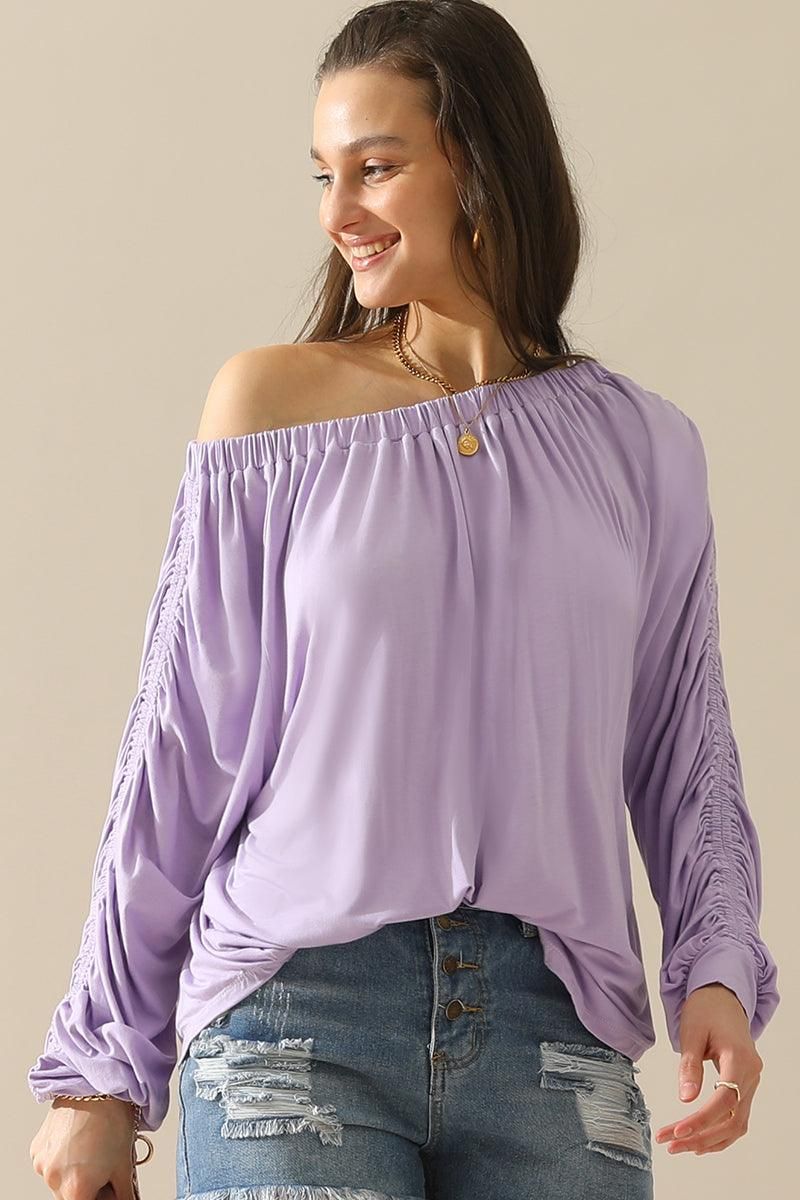 BOAT NECK SHRRING LONG SLEEVE TOP - Doublju