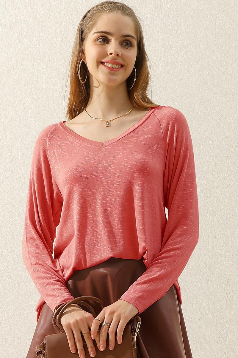 V NECK FLARE FLOUNCE LONG SLEEVE SLUB TUNIC TOP - Doublju