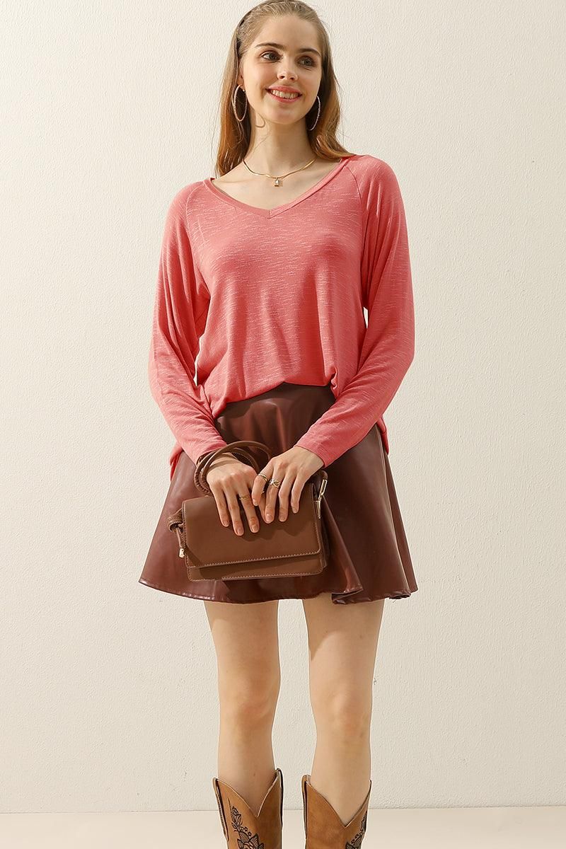 V NECK FLARE FLOUNCE LONG SLEEVE SLUB TUNIC TOP - Doublju