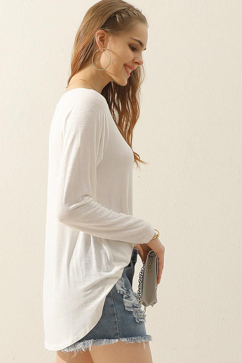 V NECK FLARE FLOUNCE LONG SLEEVE SLUB TUNIC TOP - Doublju