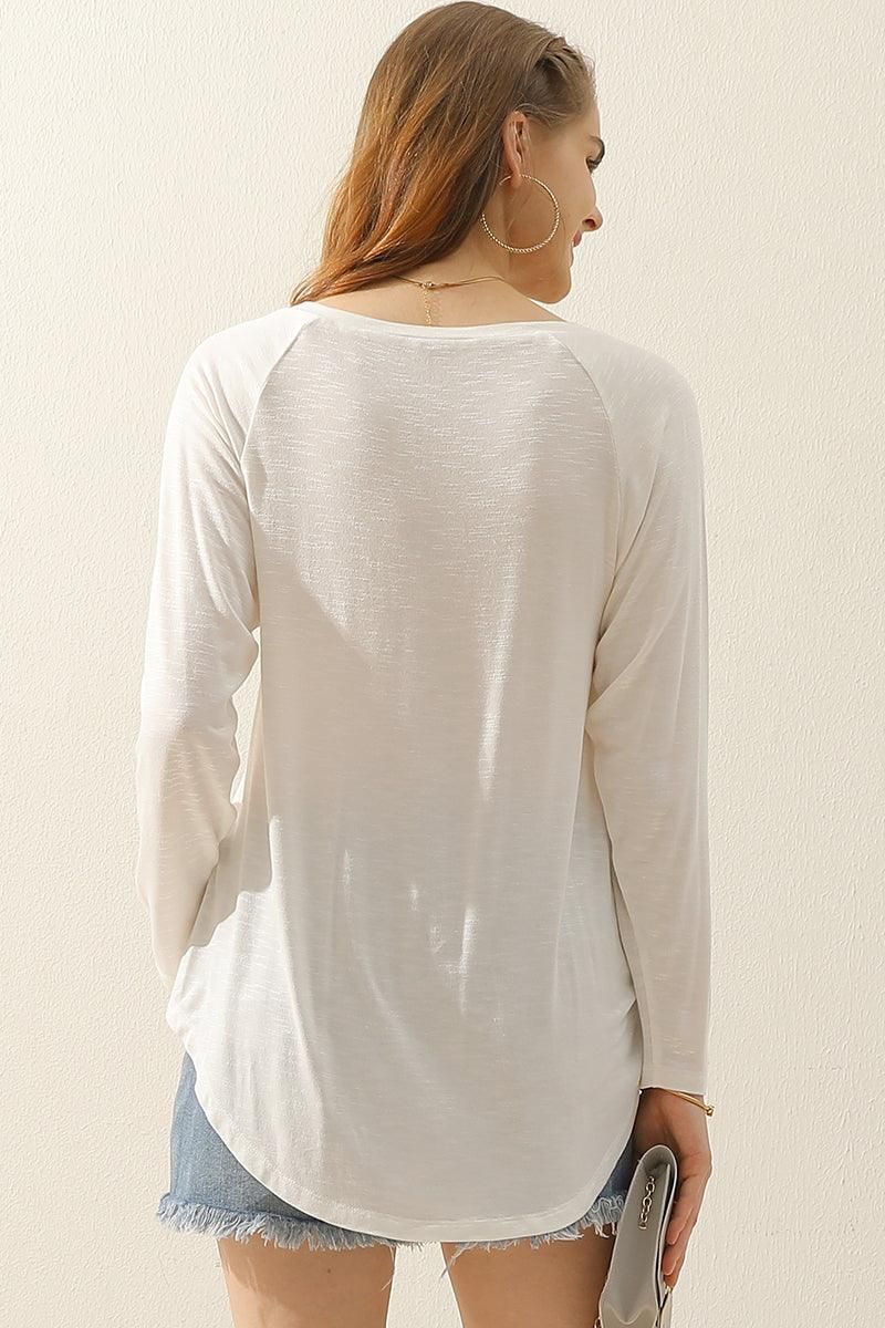 V NECK FLARE FLOUNCE LONG SLEEVE SLUB TUNIC TOP - Doublju