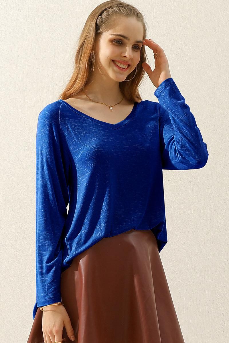 V NECK FLARE FLOUNCE LONG SLEEVE SLUB TUNIC TOP - Doublju